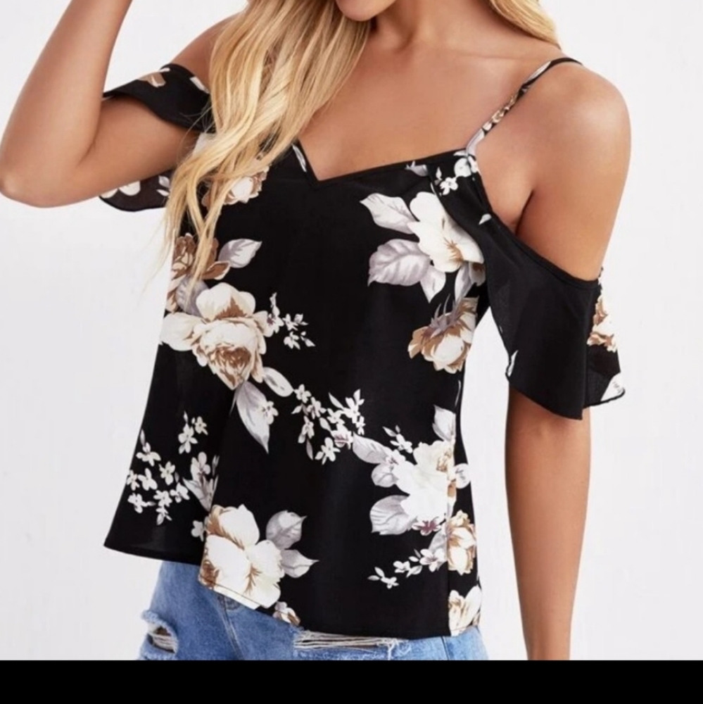 Black Floral Cold-Shoulder Camisole Top